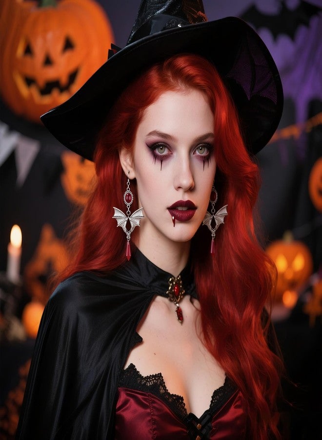 kepvrio Gothic Dark Bat Earrings for Women Halloween Red Black Zirconia Vampire Earrings Vintage Witch Accessories Halloween Vampire Cosplay Costume Spooky Party Jewelry Accessories (Style-F) - Image 2